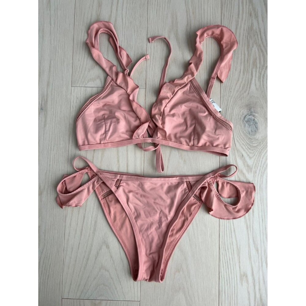 Paper Heart Swim Bikini Ruffled Top & Bottom Set Rose ( US 8 )